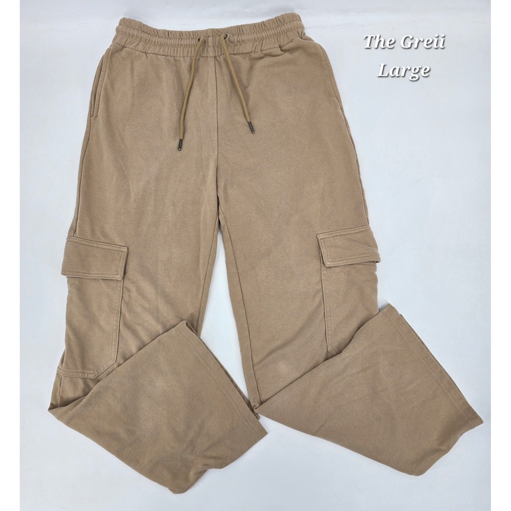 The Greii Cargo Sweatpants Womens Large Beige Khaki Wide Leg Drawstring Utility